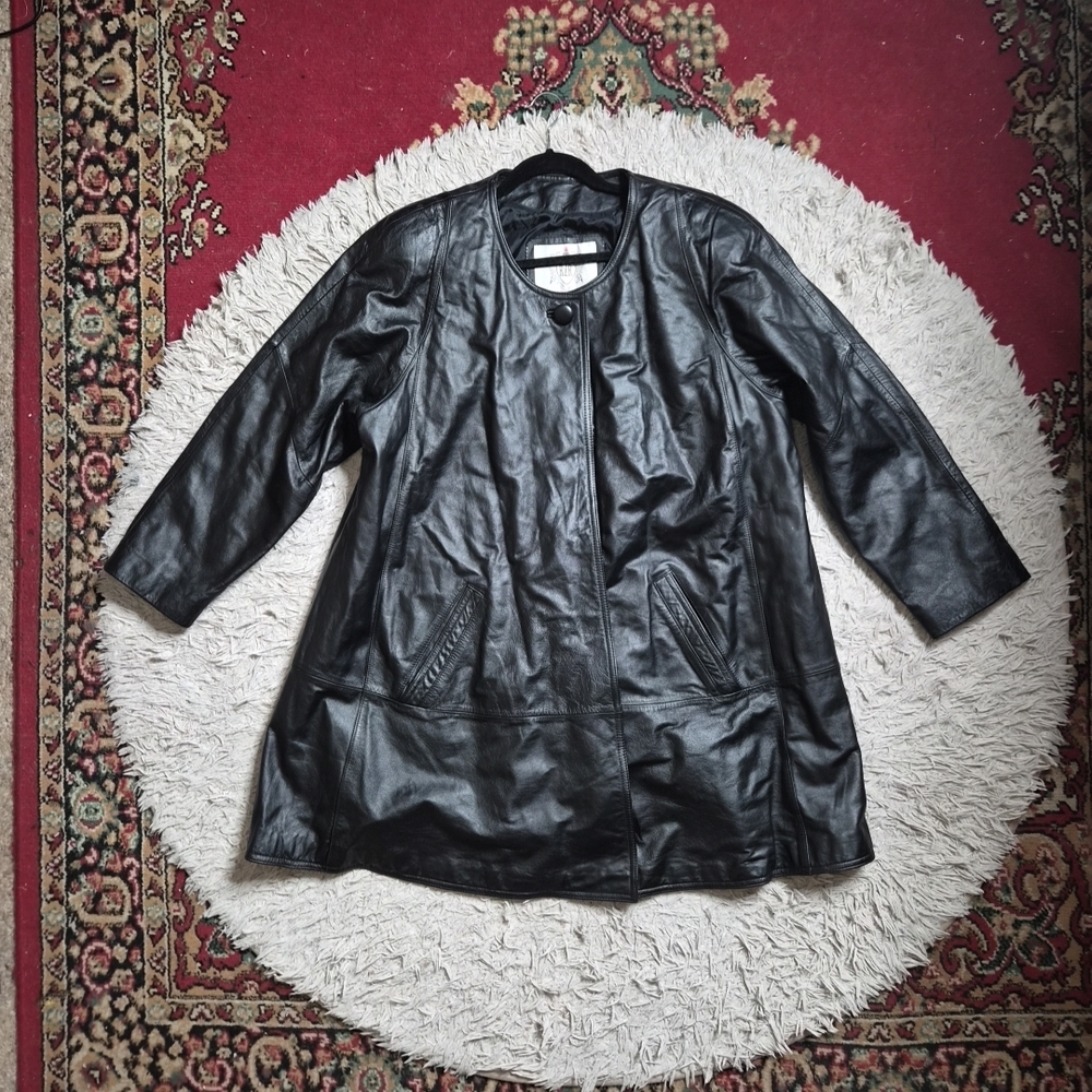 Vintage Leather Jacket Black Coat RZR Leather Collection Size 1X Longline 80s 90